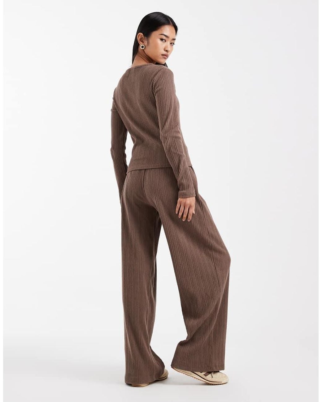 ASOS Brown Co-ord Wide Leg Brushed Rib Trouser