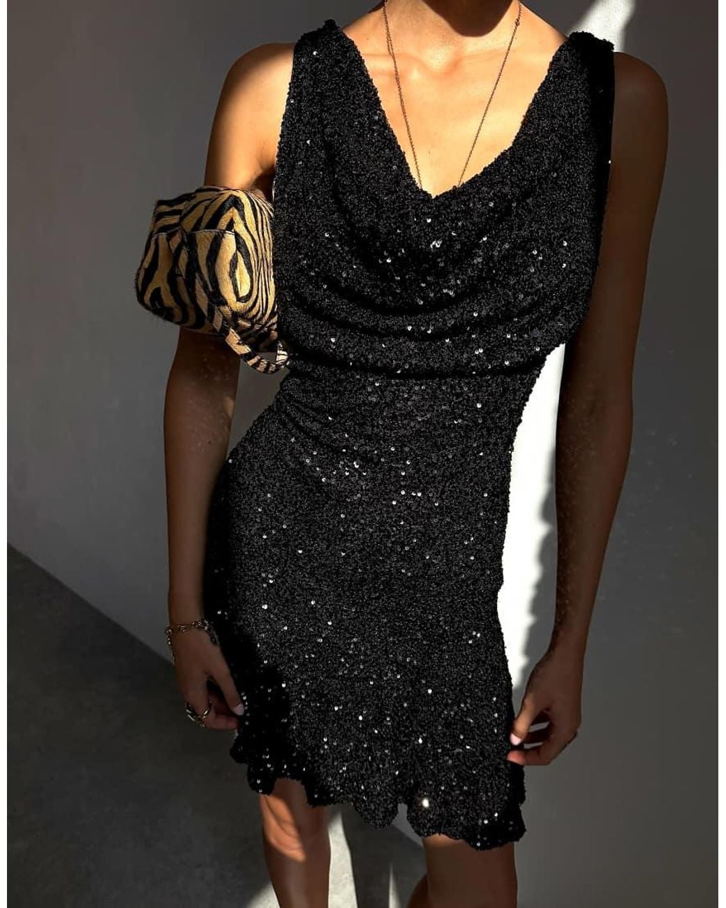 Never Fully Dressed Gray Sophie Sequin Plunge Cowl Neck Scarf Detail Mini Dress