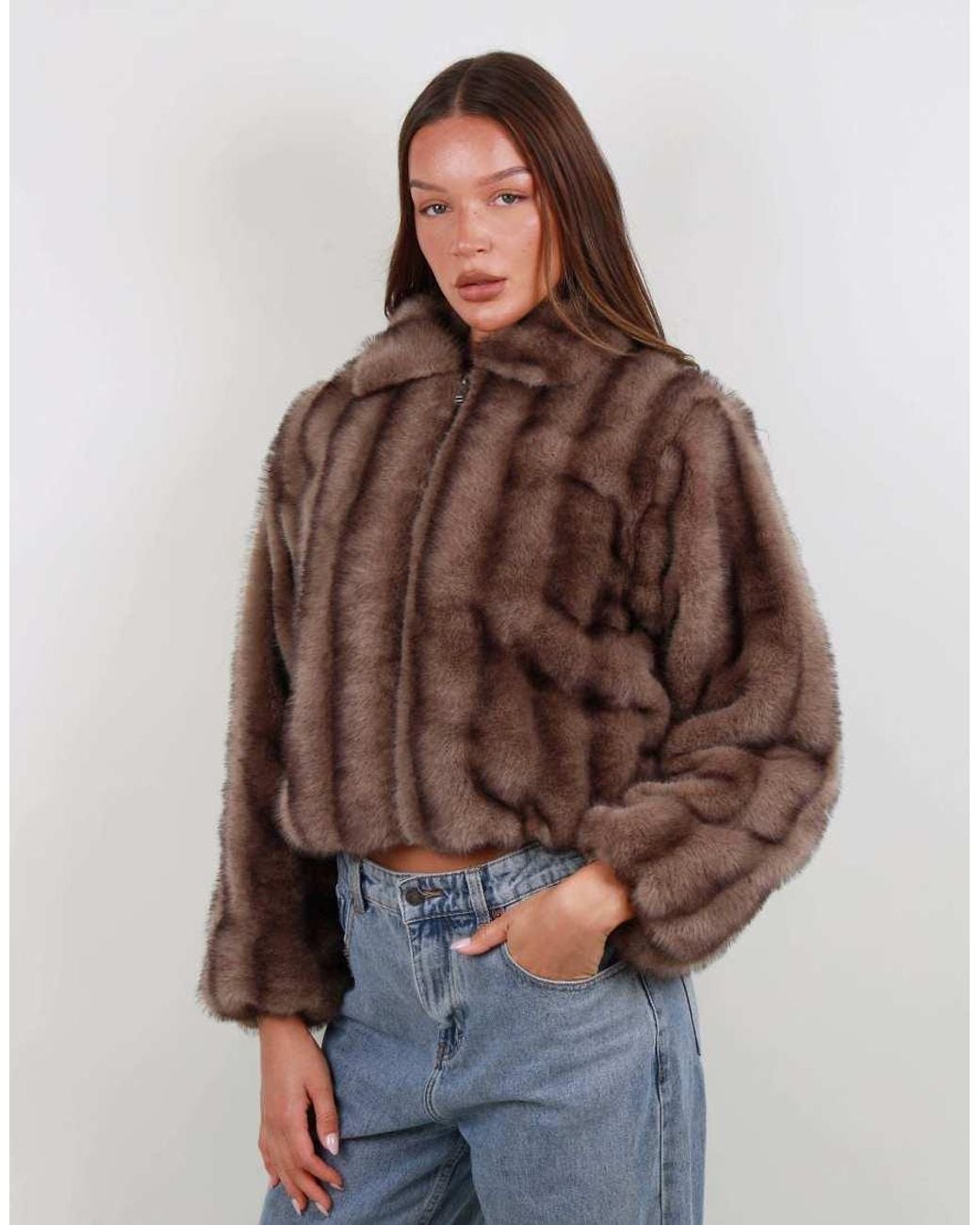 SIMMI Brown Faux Fur Tonal Cropped Bomber