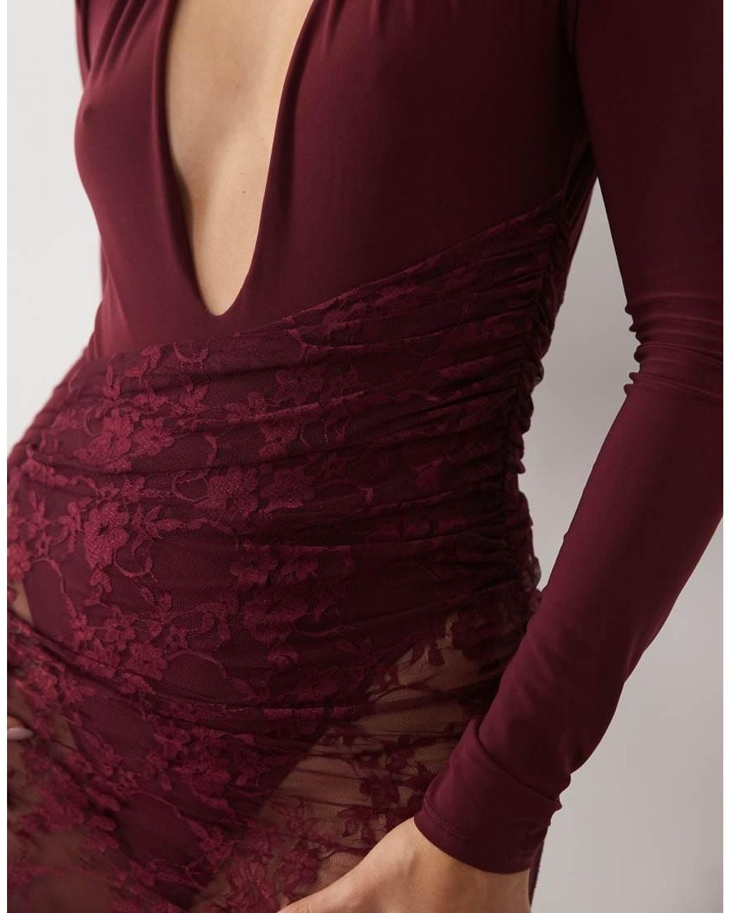 ASOS Red Long Sleeve Lace Maxi Dress With Drape Detail
