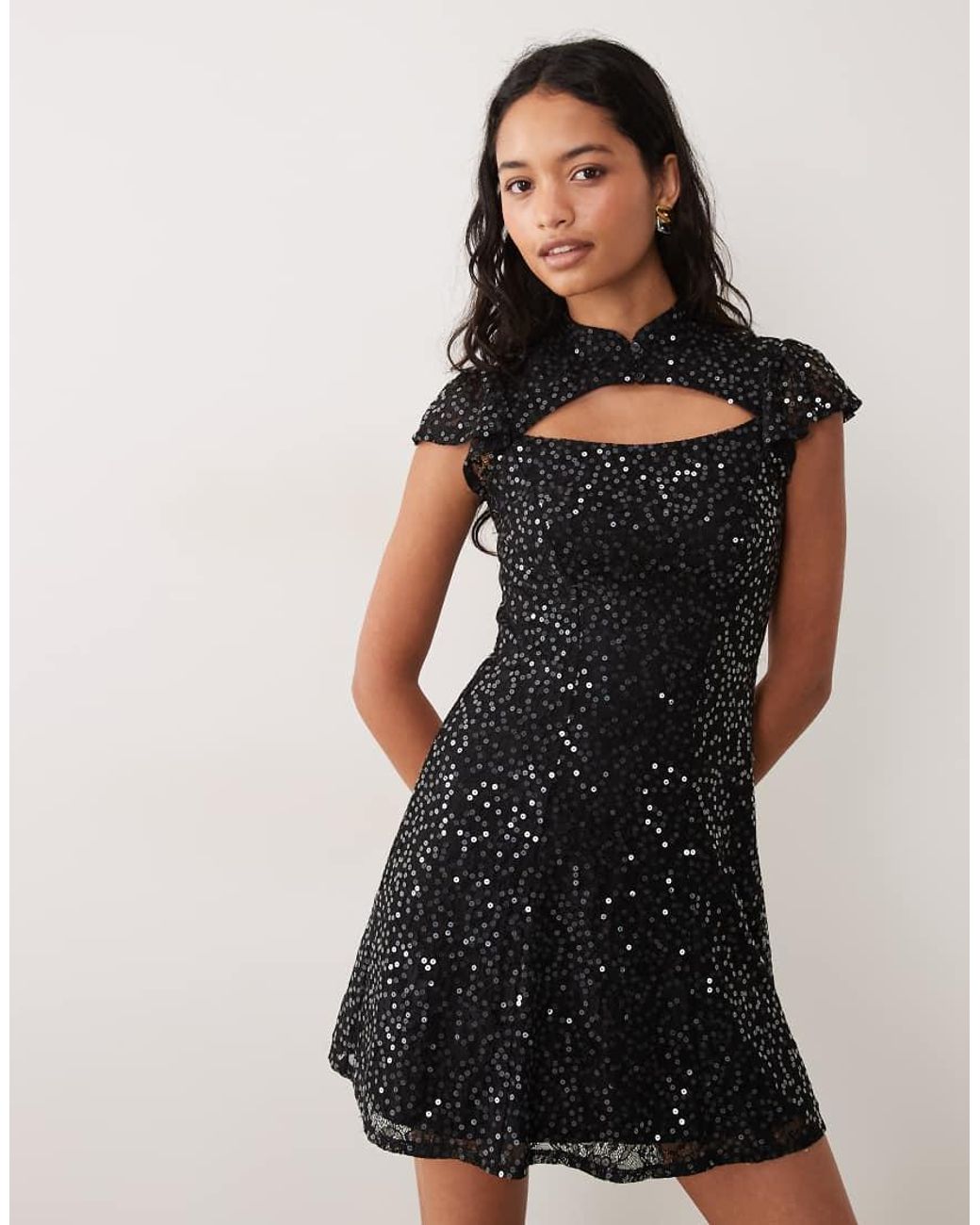 New Look Black Sequin Lace Keyhole Mini Dress