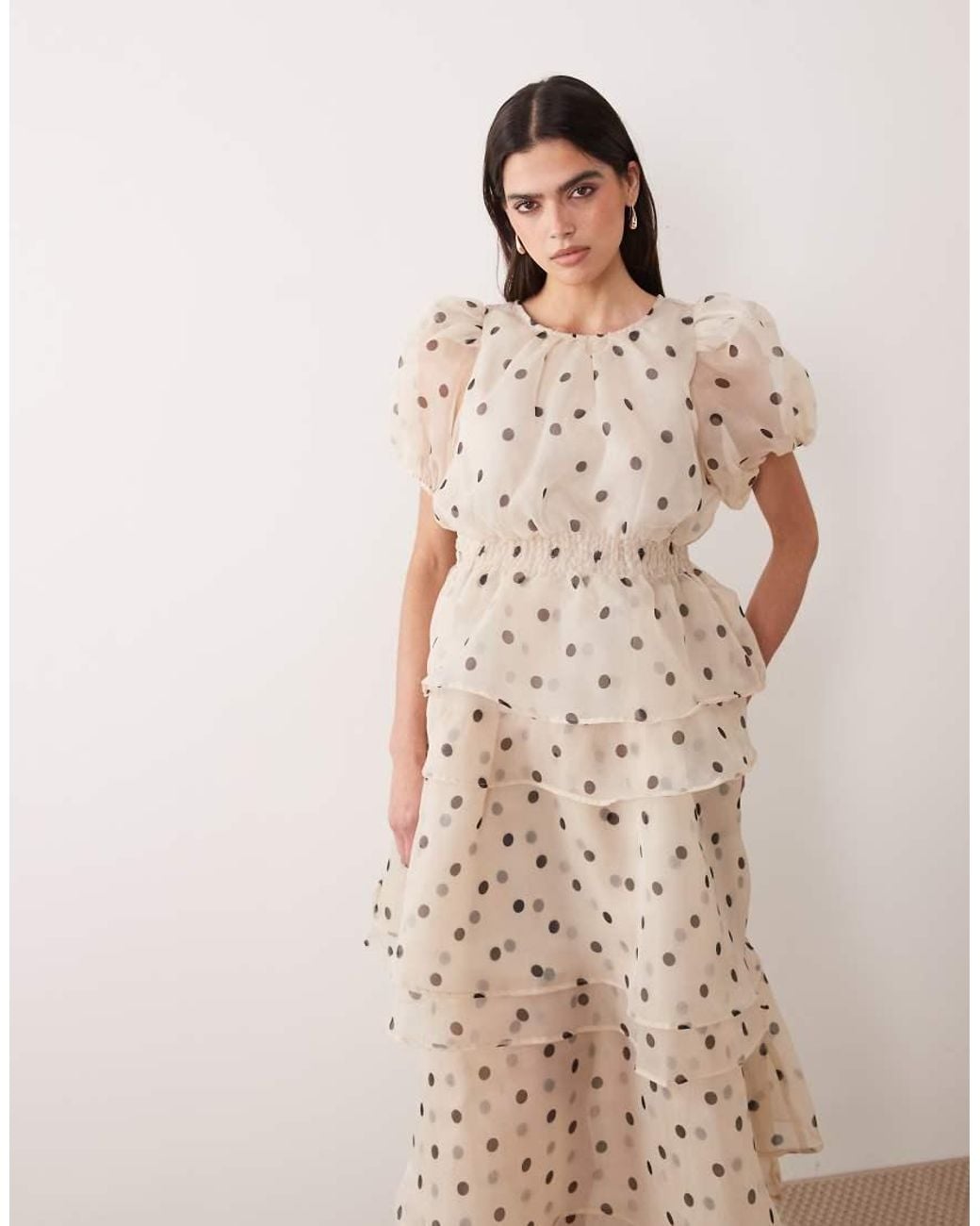 Vila Natural Polka Dot Volume Sleeve Ruffle Midi Dress