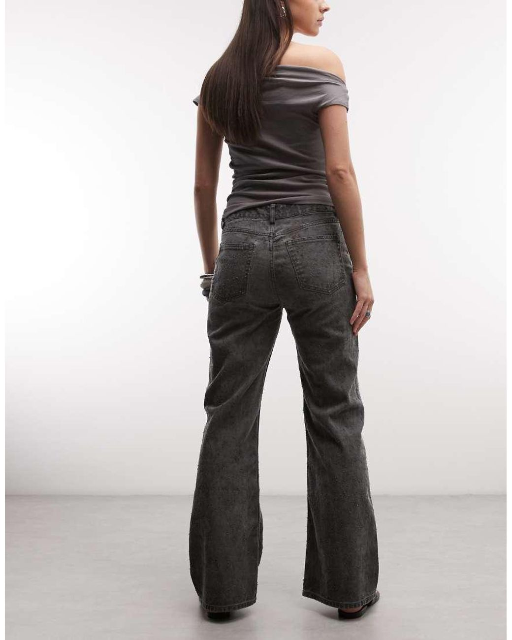 Weekday Gray Wide Leg Flare Trousers With Texture Detail