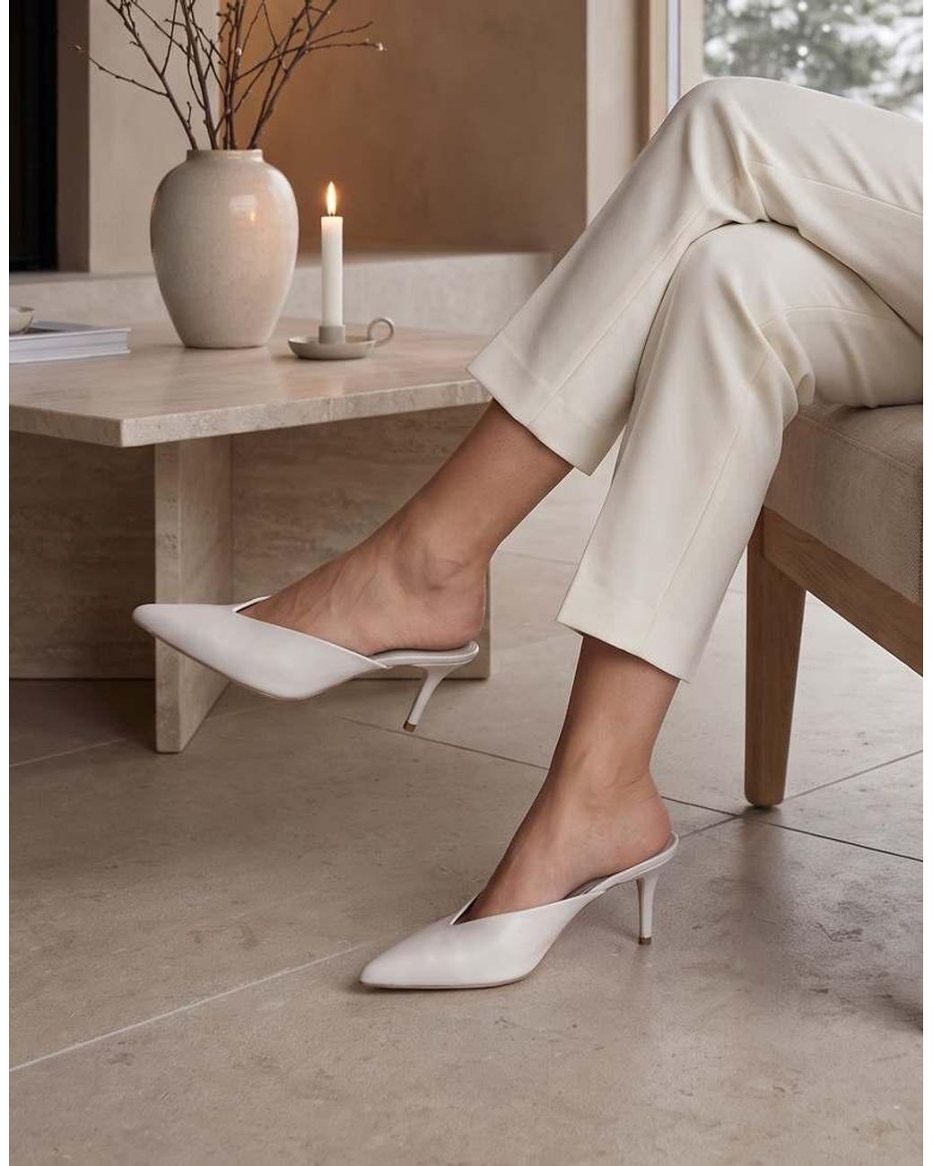 SEQWL White High Heel Slip On Mules Pointed Toe V Front Shoes