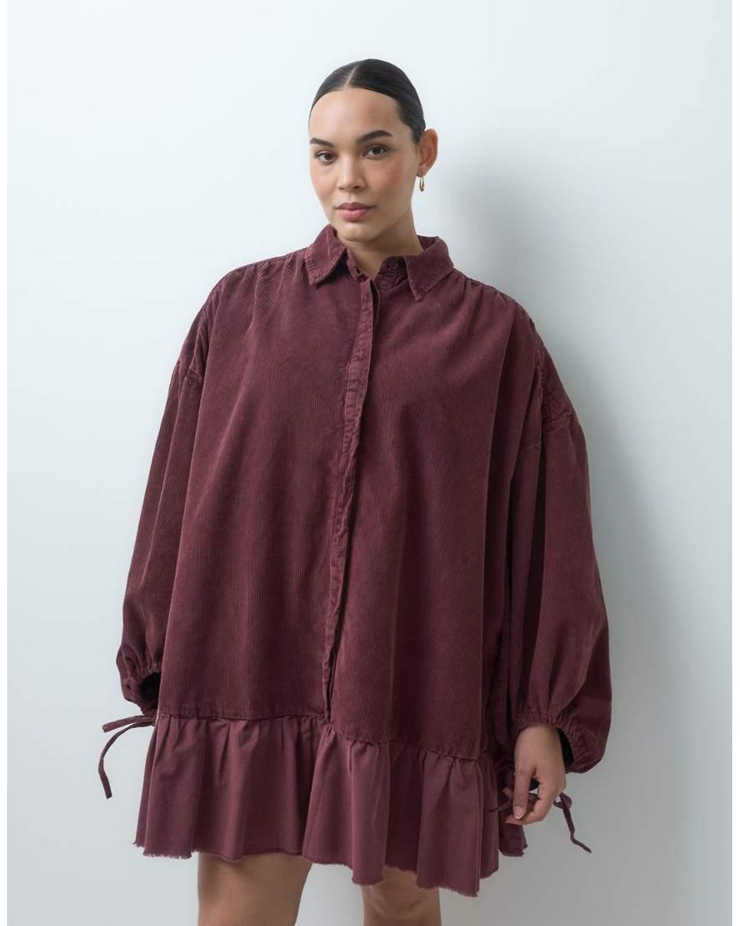 ASOS Red Asos Design Curve Hybrid Cord Mini Shirt Dress With Balloon Sleeves And Voile Hem