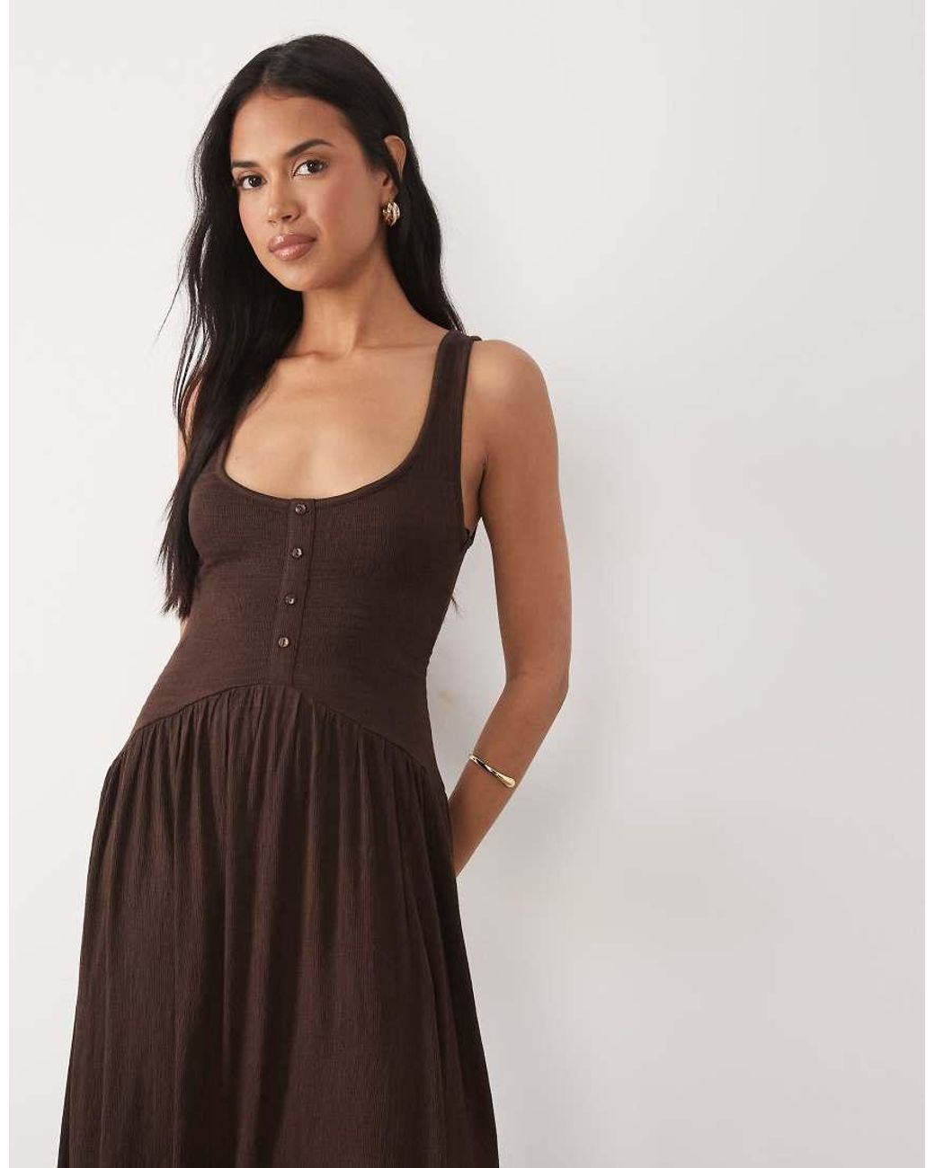 ASOS Brown Crinkle Button Through Midi Dress