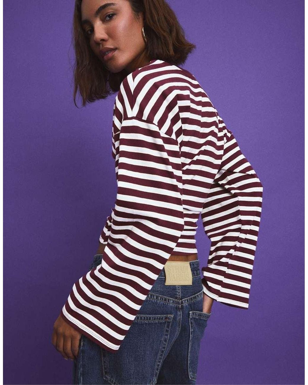 Stradivarius Purple Long Sleeve Striped T-shirt With Ruched Waist