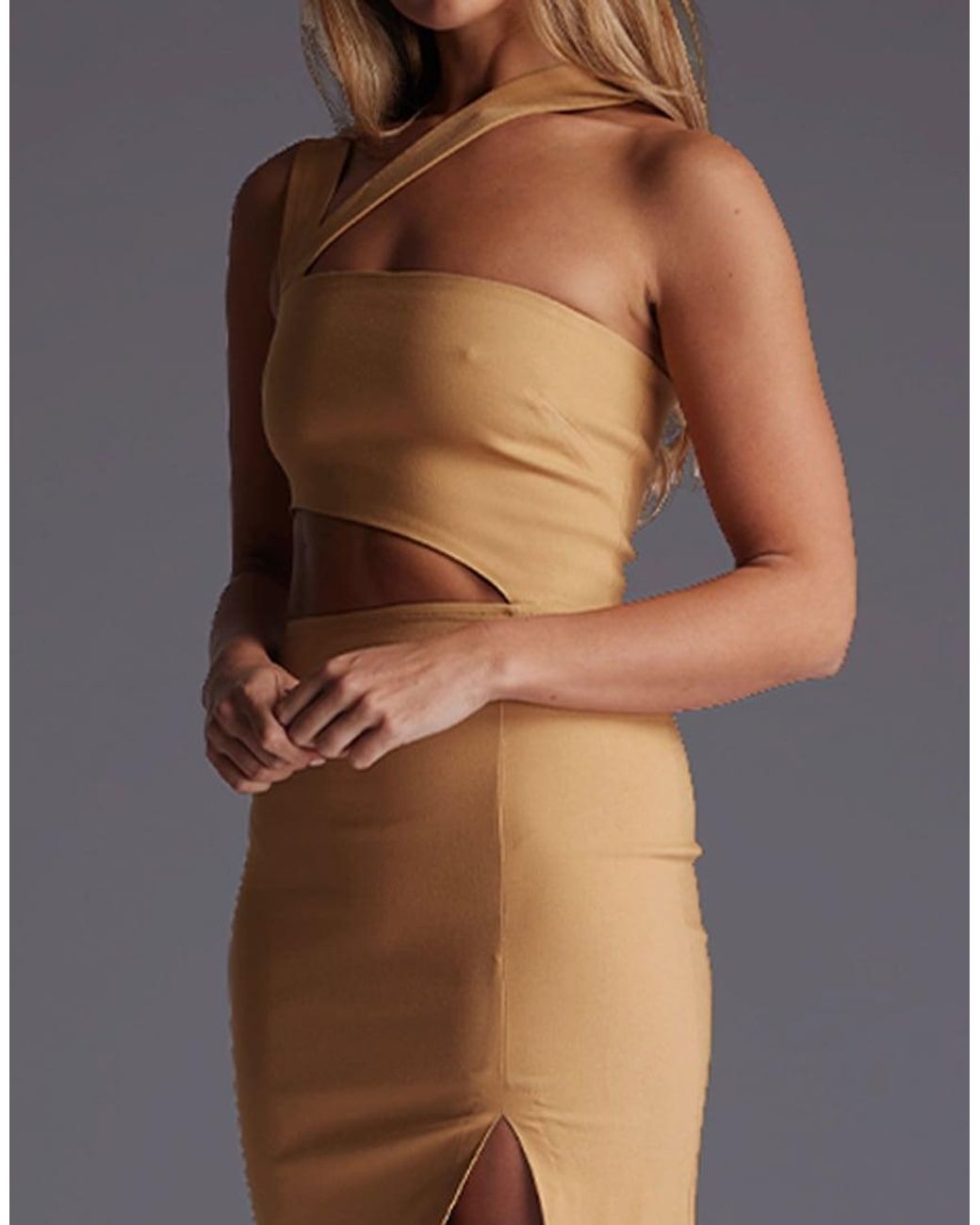 Vesper Gray Asymmetric Neckline Midaxi Dress With Cut Outs