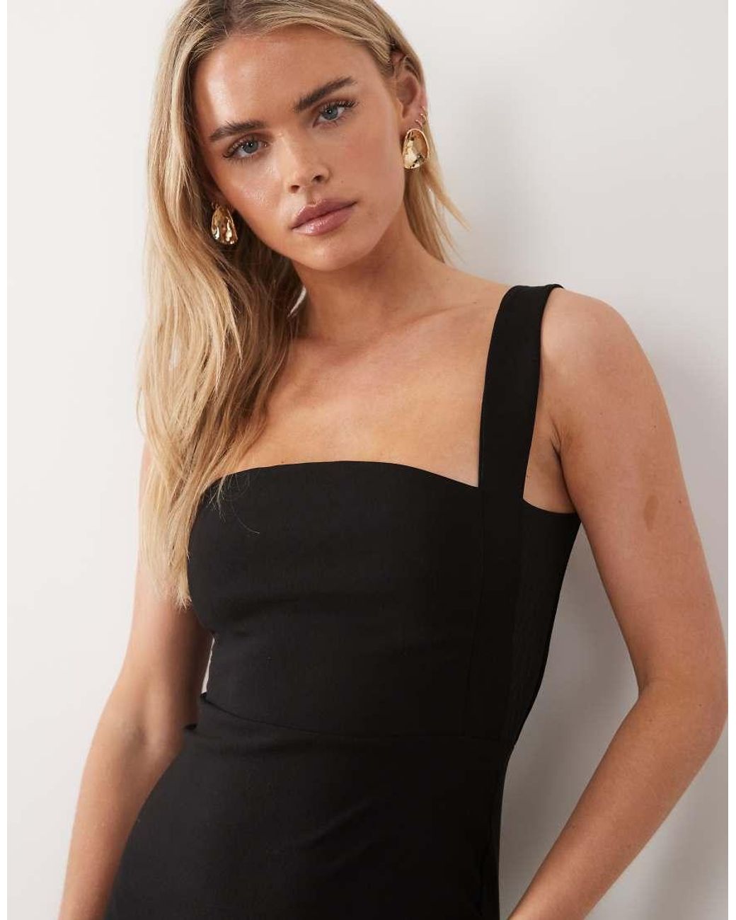 Vesper Petite Black Bengaline Square Neck Mesh Panel Dress