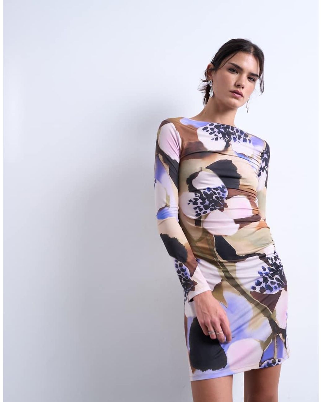 TOPSHOP White Floral Print Long Sleeve Ruched Side Slinky Mini Dress