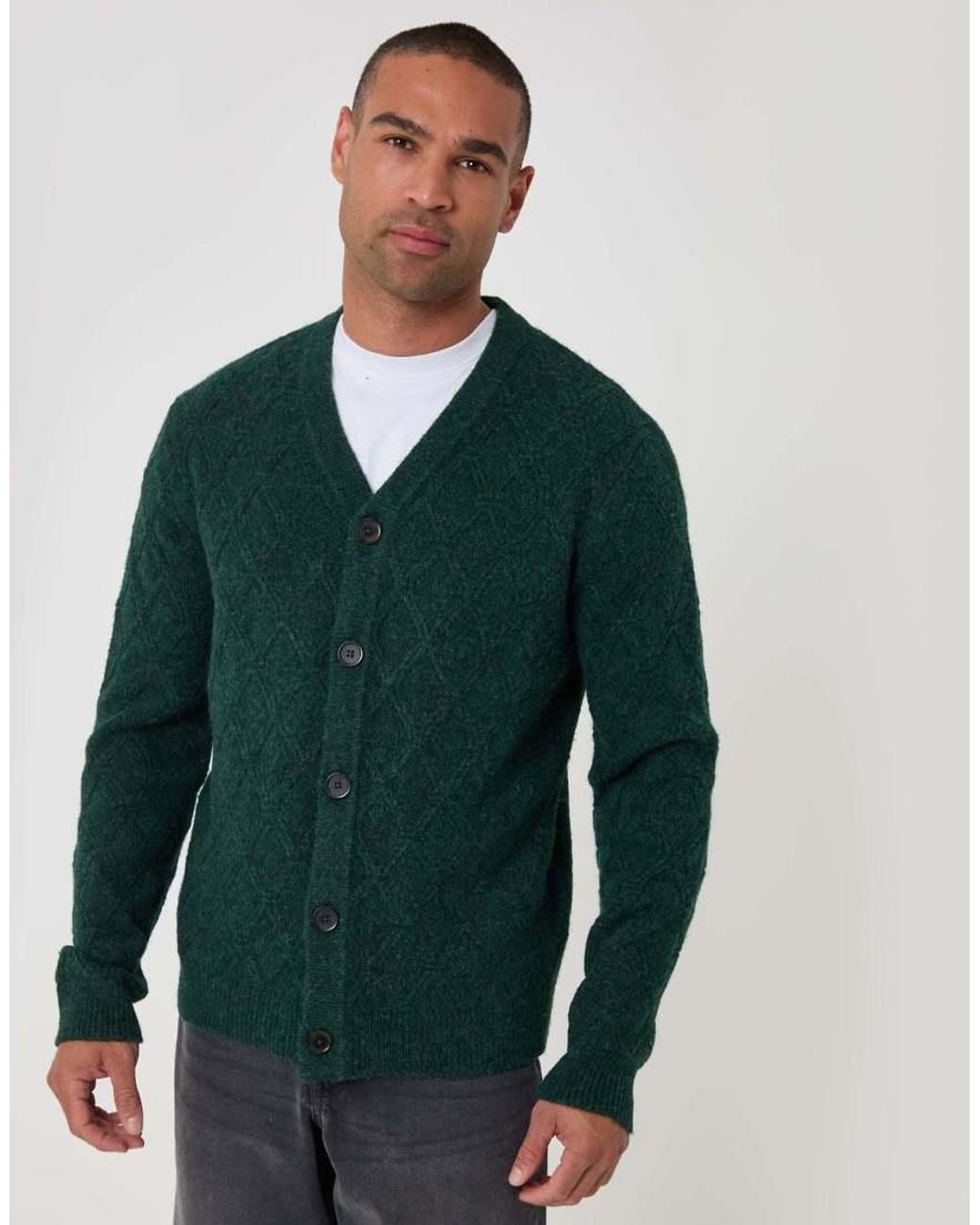 Threadbare Green Diamond Cable Knit V Neck Cardigan for men