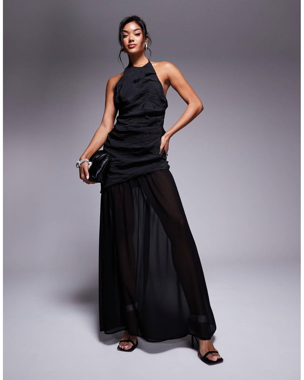ASOS Halter Asymmetric Ruched Maxi Dress With Chiffon Skirt in Blue | Lyst
