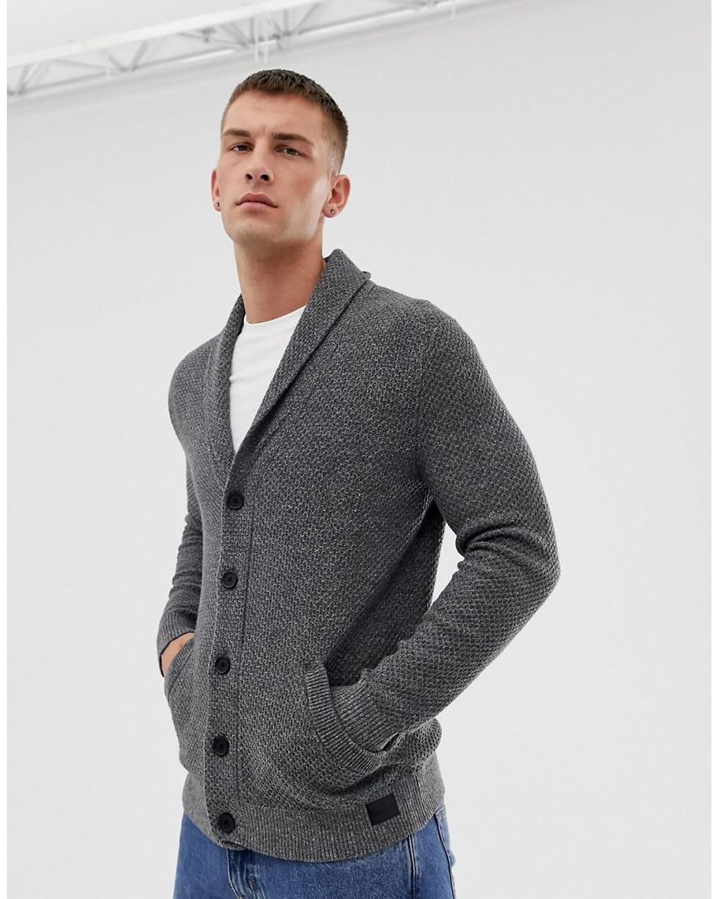Hollister Shawl Collar Knit Cardigan In Gray Marl for Men | Lyst