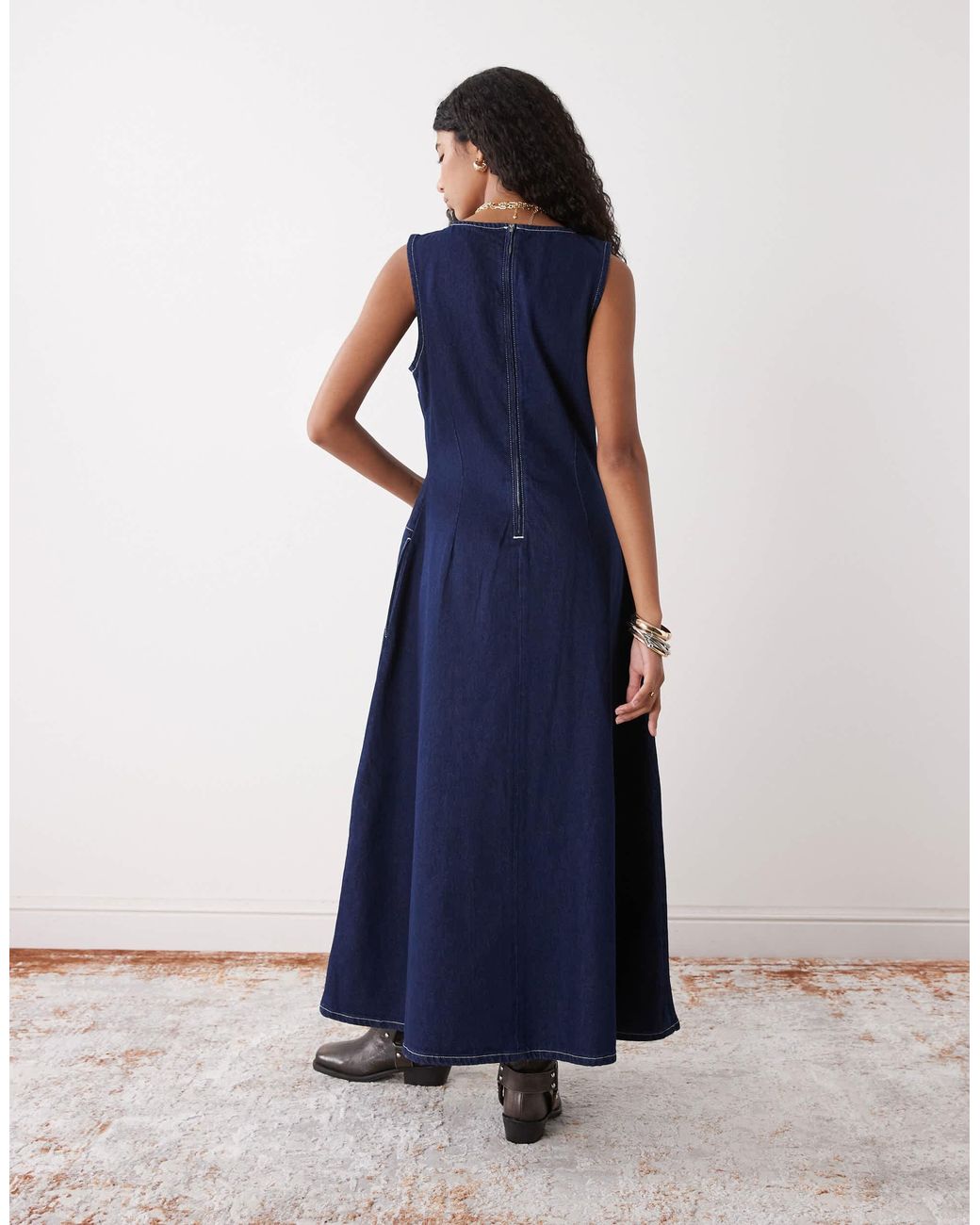 denim maxi pinafore dress Reclaimed Vintage Drop Waist in Blue Size:44 (2XL) sale-1 Modest Navy Blue Plus Dangri dress or sweaters