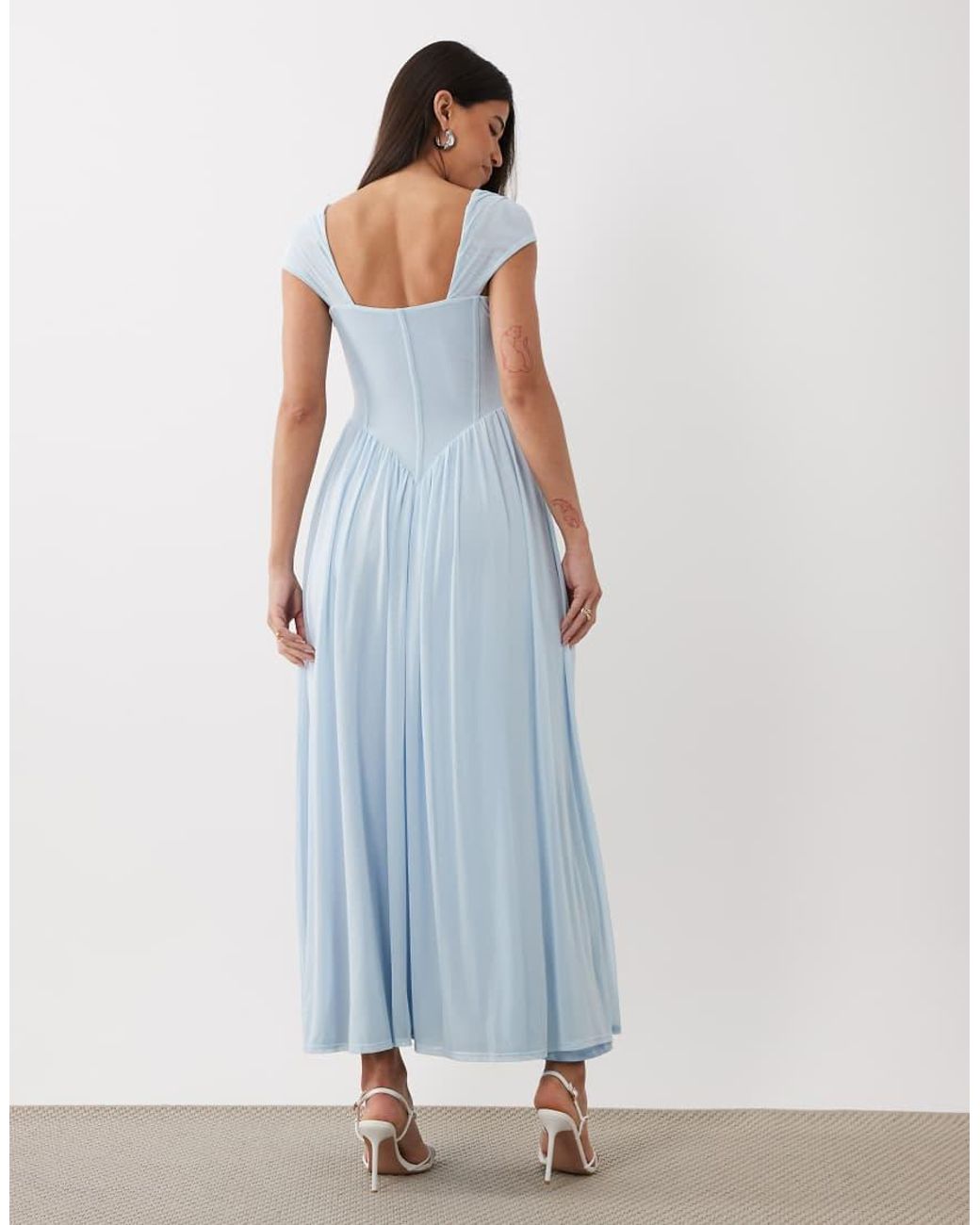 ASOS Blue Mesh Bust Twist Detail Maxi Dress With V Seam Detailing