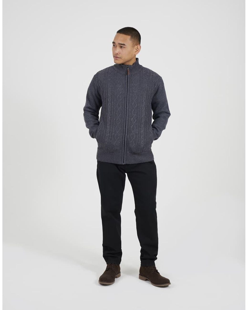 Brave Soul Blue Funnel Neck Waffle Knit Zip Through Cardigan for men