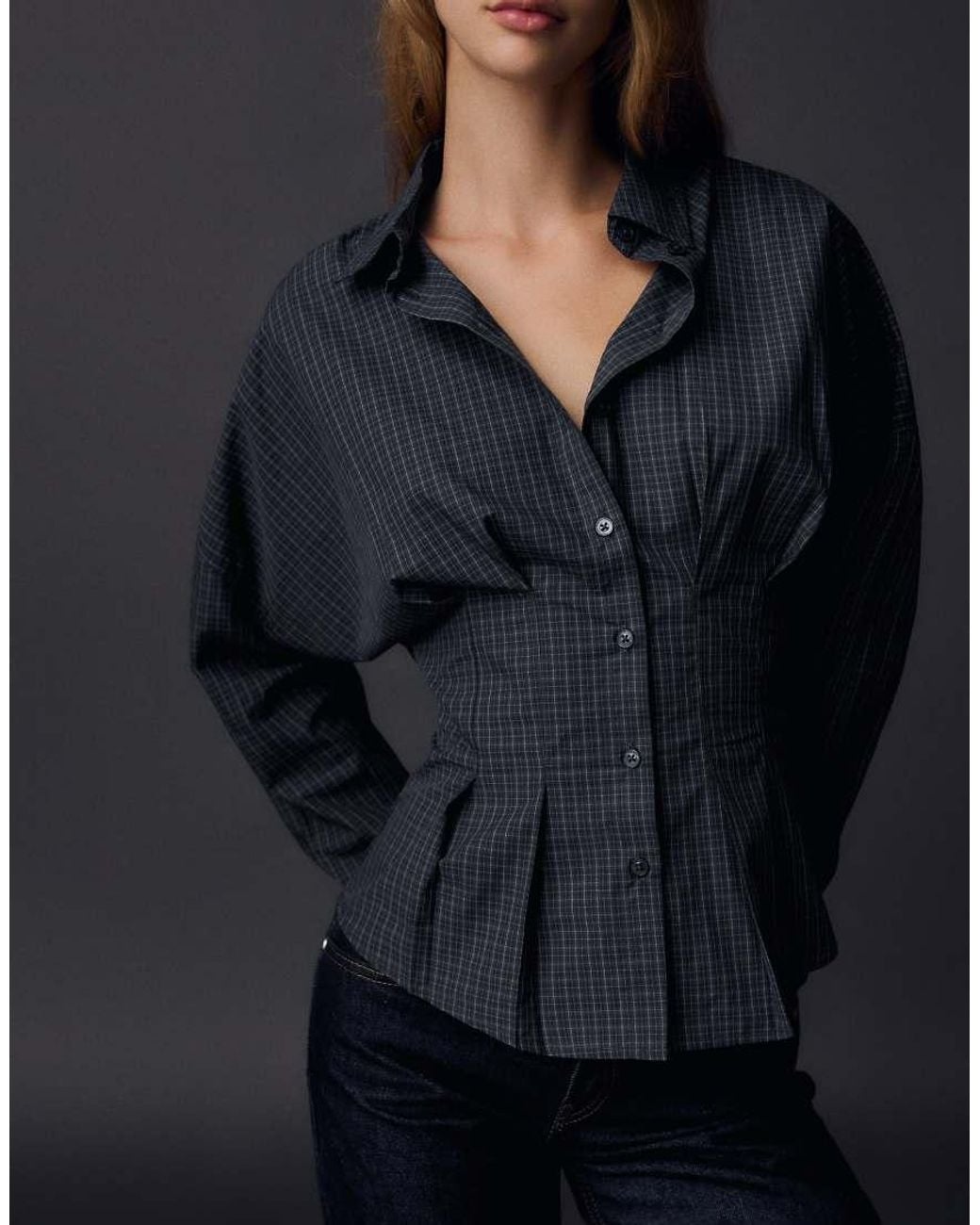 Bershka Blue Check Corset Long Sleeve Shirt