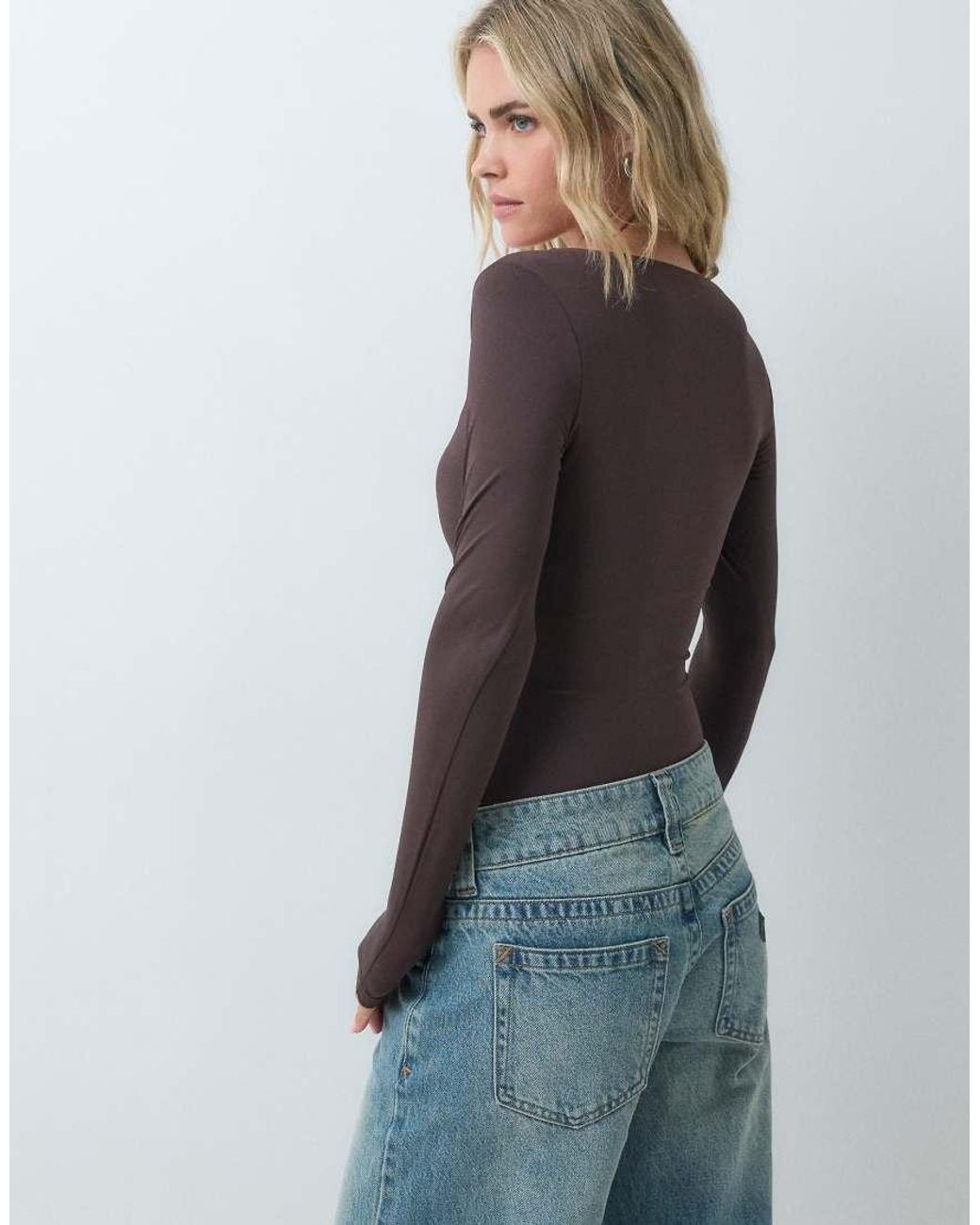 New Look Blue Slinky Long Sleeve Square Neck Bodysuit