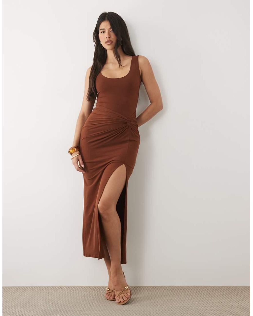 TFNC London Brown Slinky Scoop Neck Knot Detail Split Maxi Dress