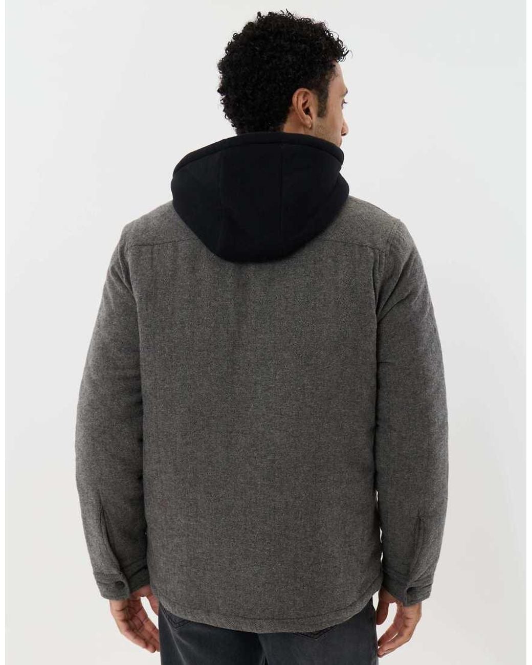 Threadbare Gray Herringbone Flannel Shacket With Sherpa Lined Hood for men