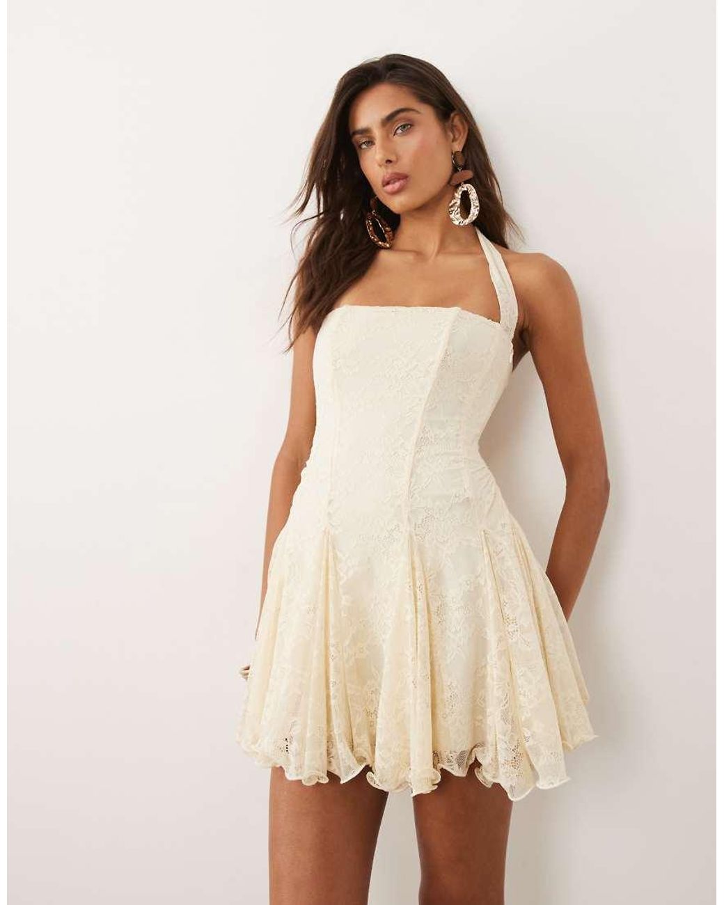 Murci Brown Square Halterneck Gathered Godet Hem Lace Mini Dress