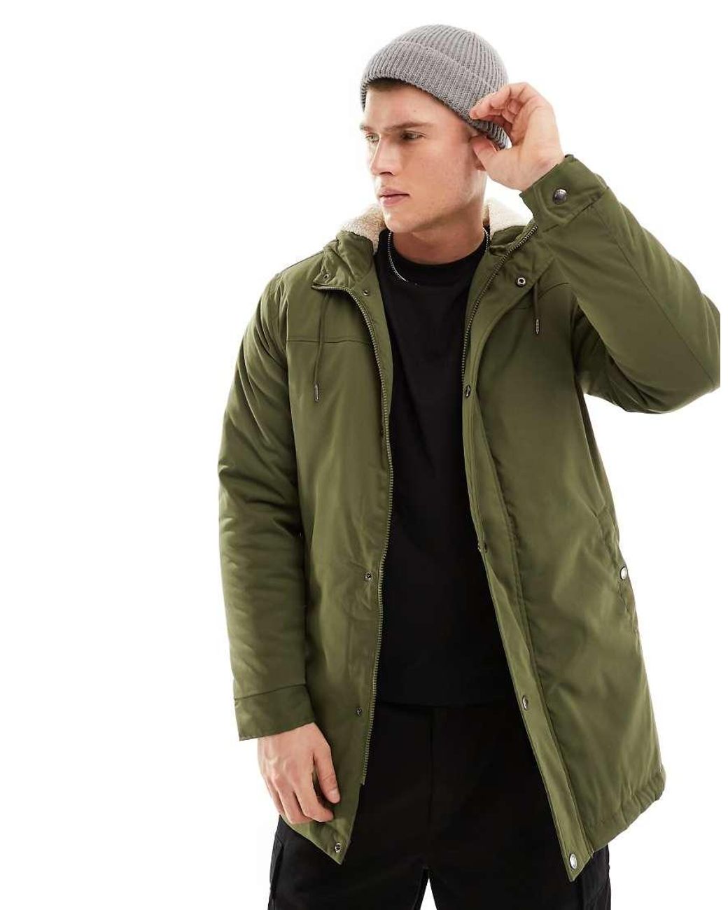 Only & Sons Green Parka With Borg Lined Hood for men