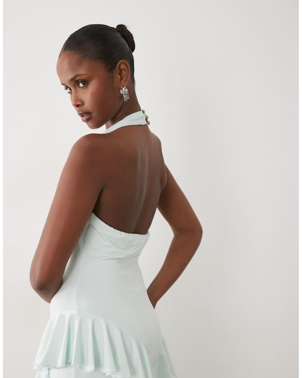 Ruched & Ready White Sculpting Jersey Halterneck Open Back Ruffle Drape Detail Maxi Dress