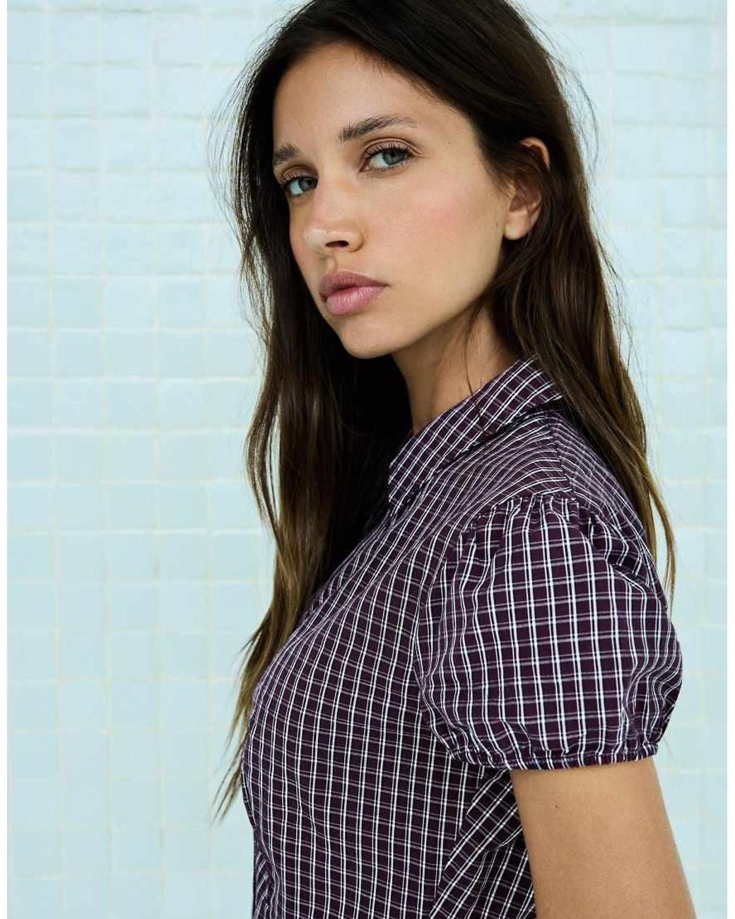 Bershka Purple Short Sleeve Poplin Shirt With Bow