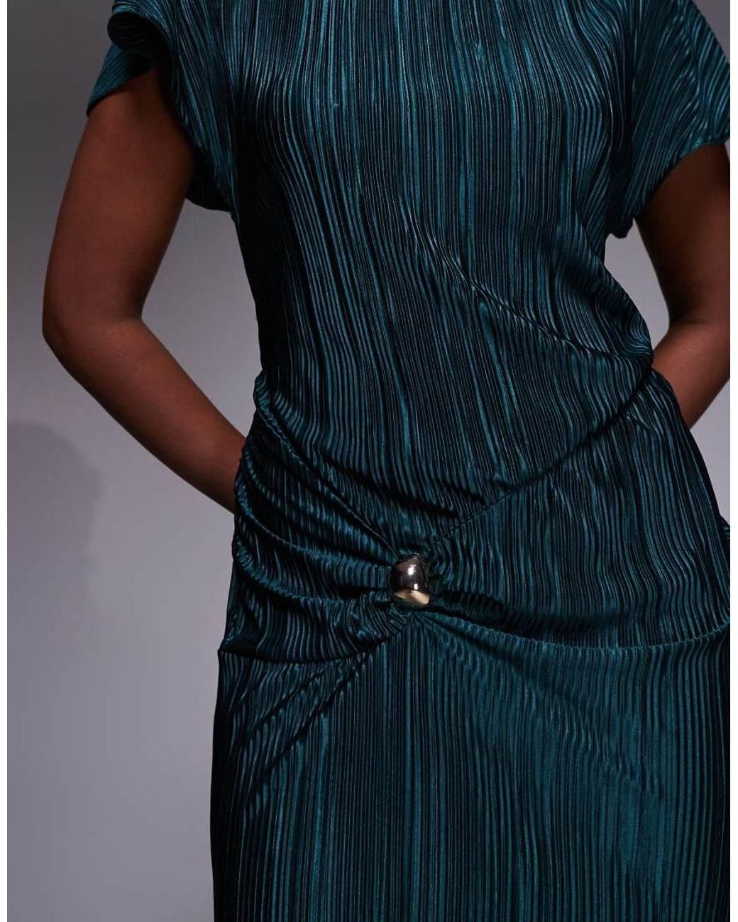 ASOS Blue Hardware Plisse Twist Detail Midi Dress
