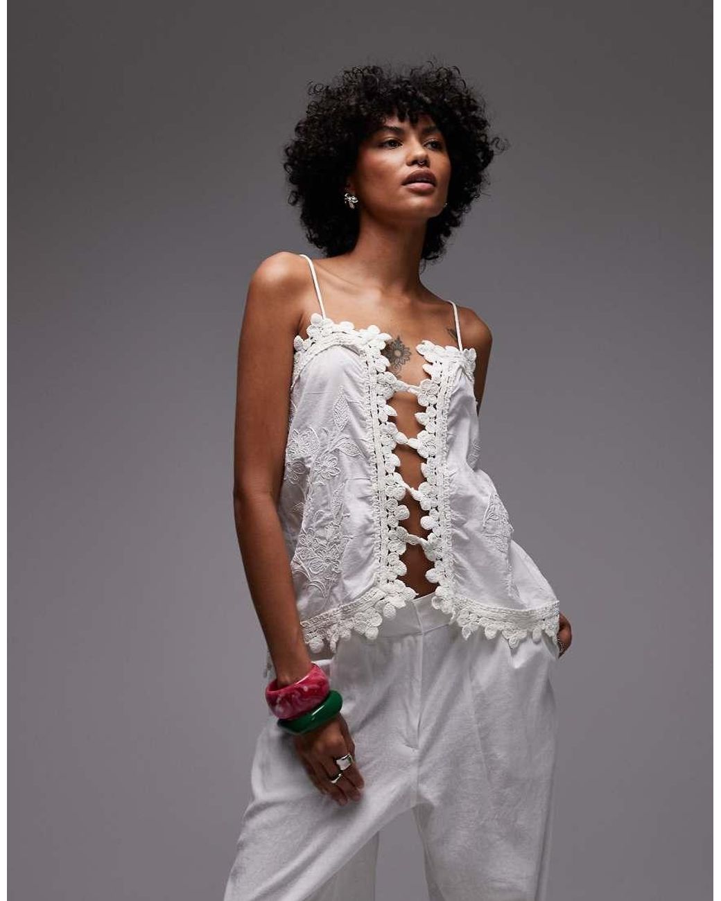 TOPSHOP Embroidered Scarf Lace Cami in Grey | Lyst UK