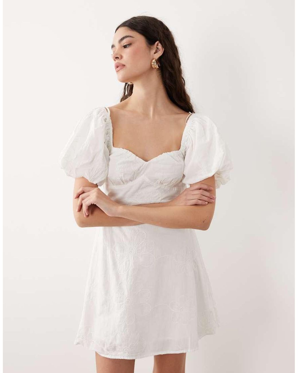 New Look White Cornelli Puff Sleeve Mini Dress