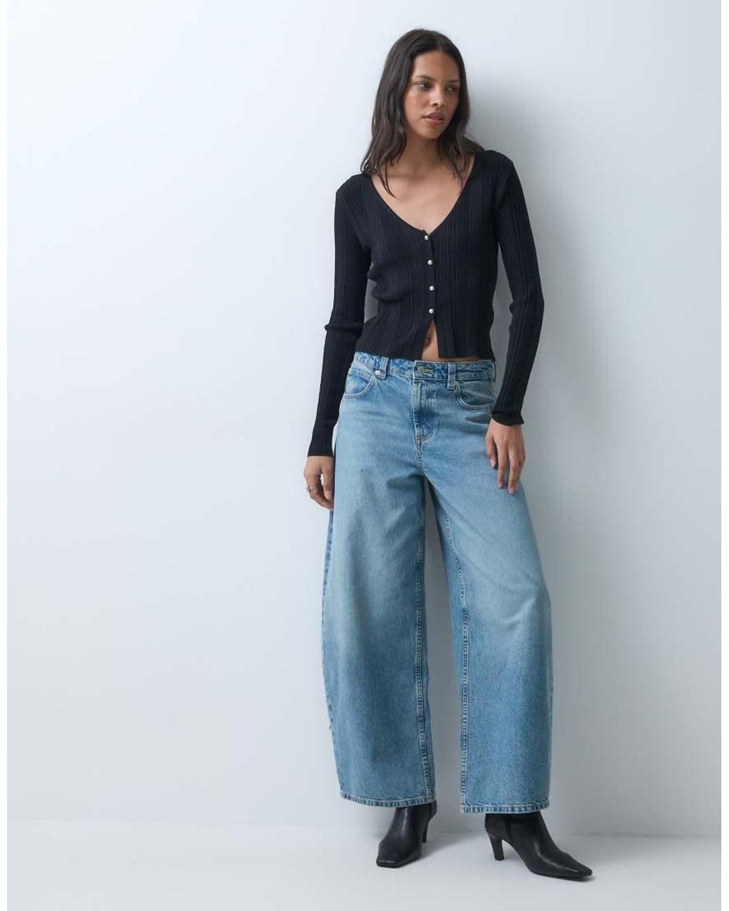 Miss Selfridge Blue Fine Knit Rib Top With Buttons