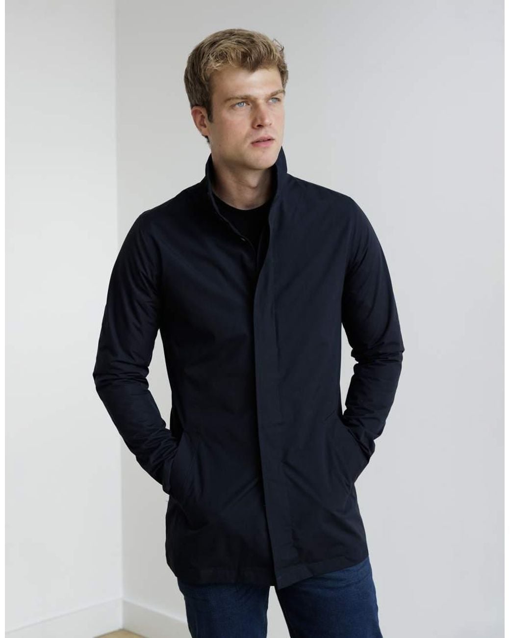 French Connection Blue Mid Length Funnel Neck Mac Coat for men
