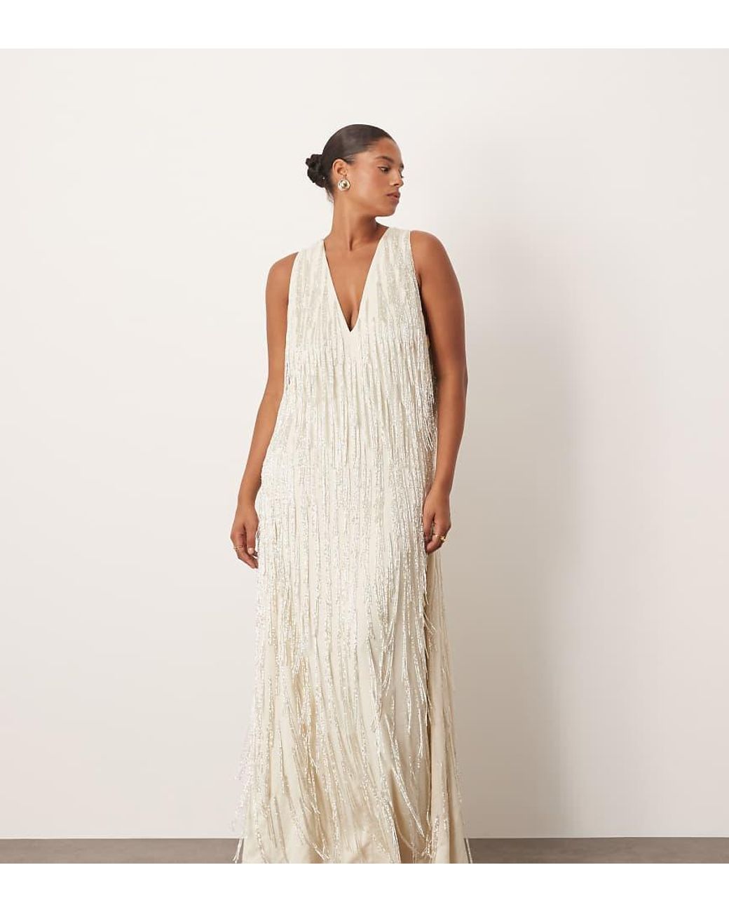 ARRANGE Natural Curve Beaded Fringe Maxi Dress With Splits