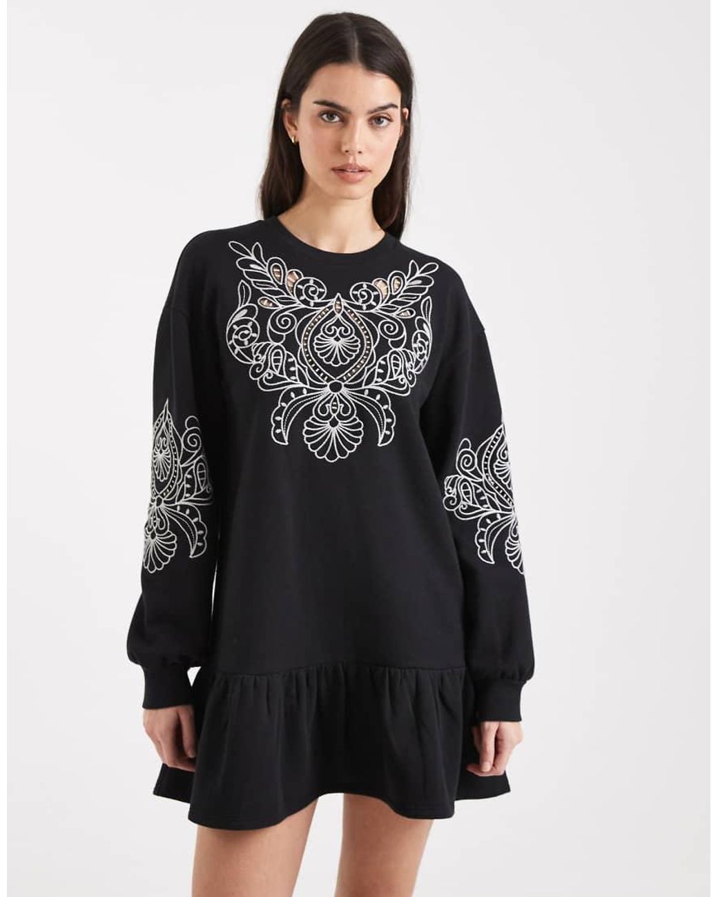 Miss Selfridge Black Cutwork Embroidered Drop Waist Sweat Dress
