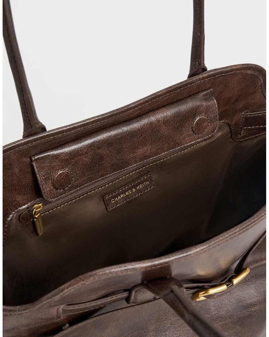 Charles & Keith Brown Victoria Belted Trapeze Tote Bag