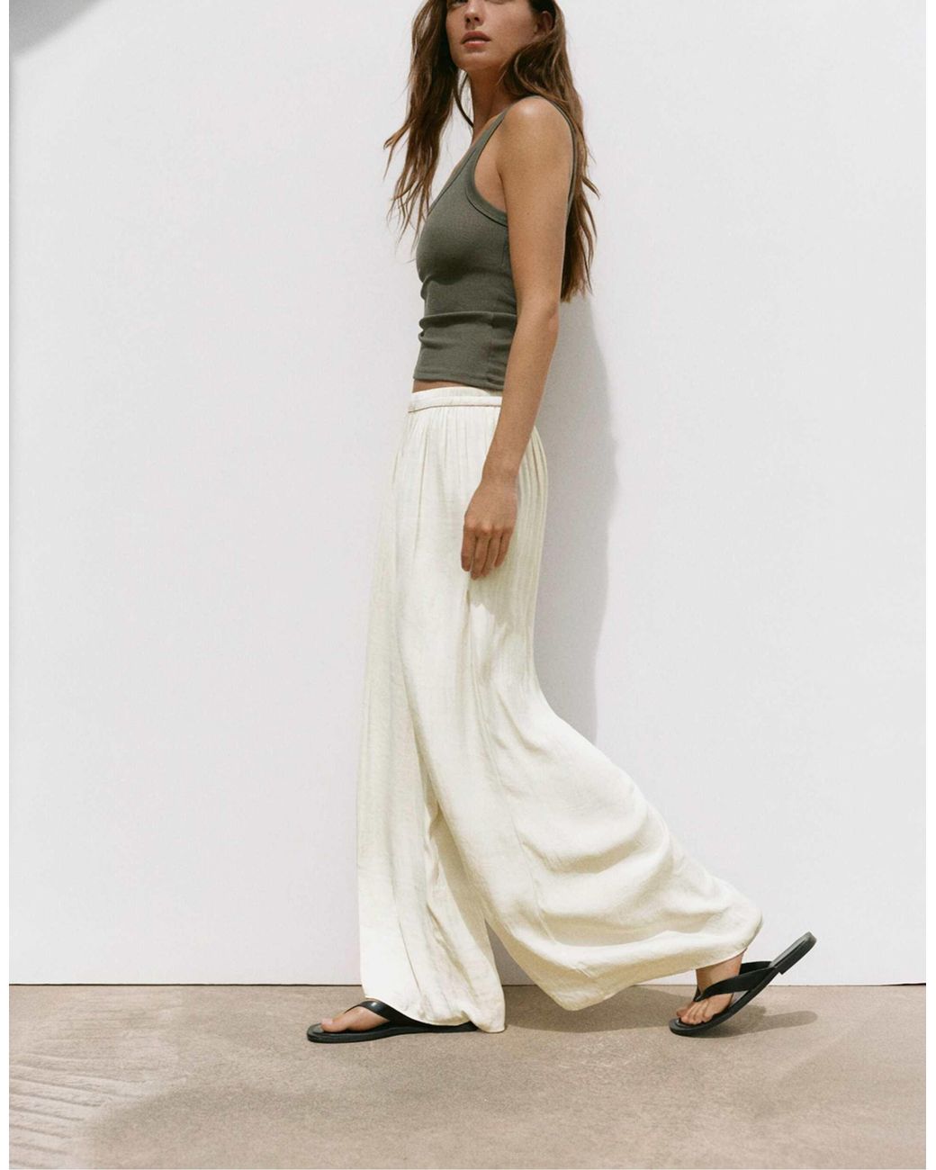 Pantalon ample en satin - beige Pull&Bear en coloris White