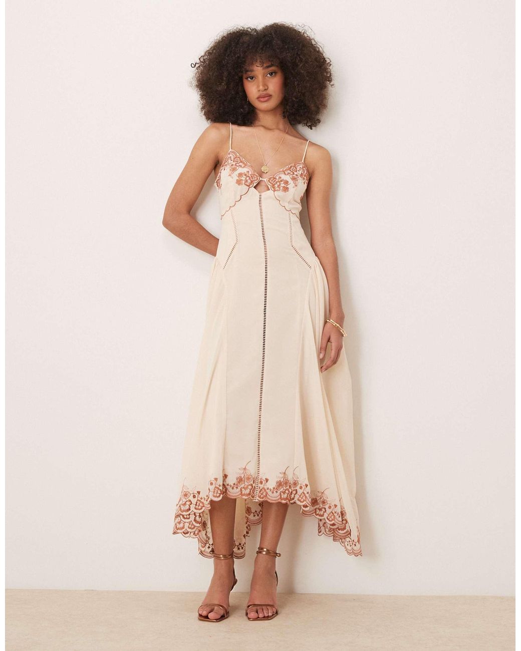 ASOS Contrast Embroidered Cami Midi Dress With Ladder Trim Details in  Natural | Lyst