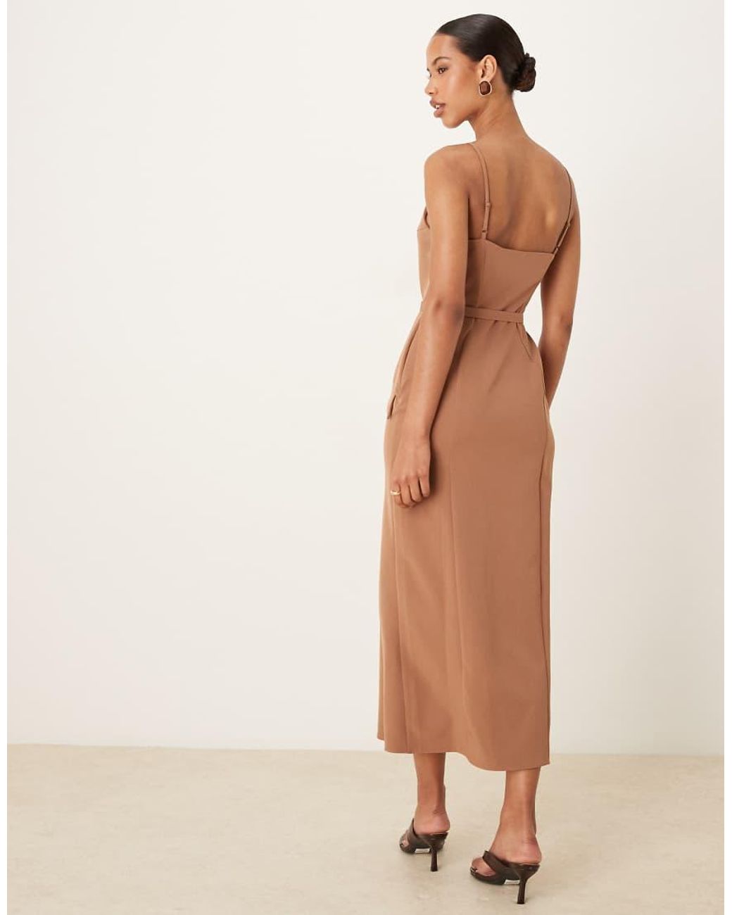 ASOS Natural Slash Neck Belted Midi Dress With Pockets