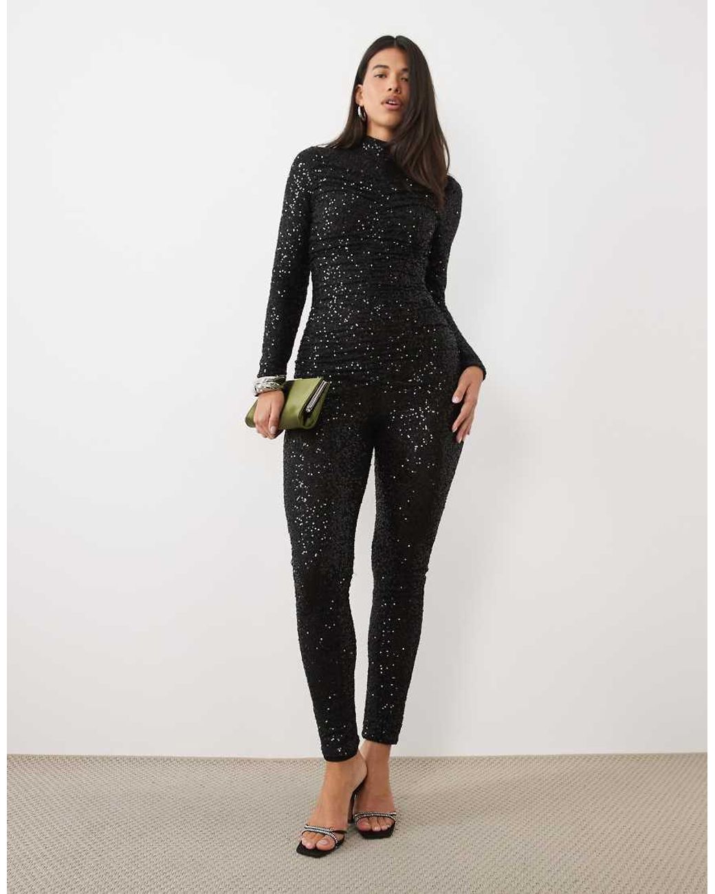 Ruched & Ready Black Sequin High Neck Ruched Detail Jumpsuit
