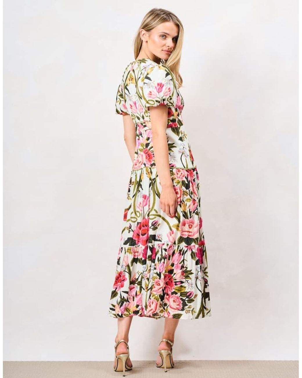 Hope & Ivy Pink Angie Cotton Printed Puff Sleeve V-Neck Tiered Midi Dress