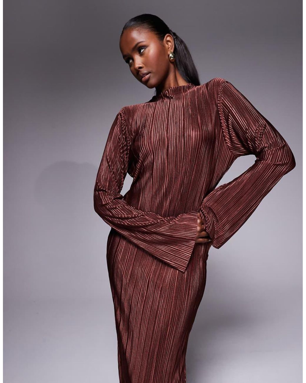 ASOS Purple Tie Back Long Sleeve Plisse Dress