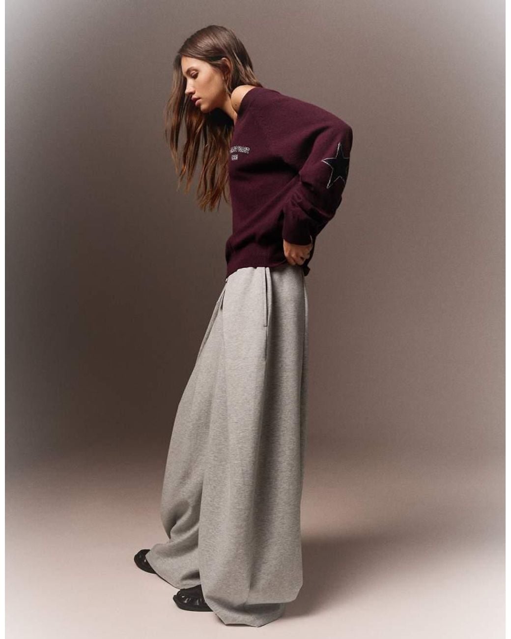 Bershka Brown Graphic Boat Neck Jumper