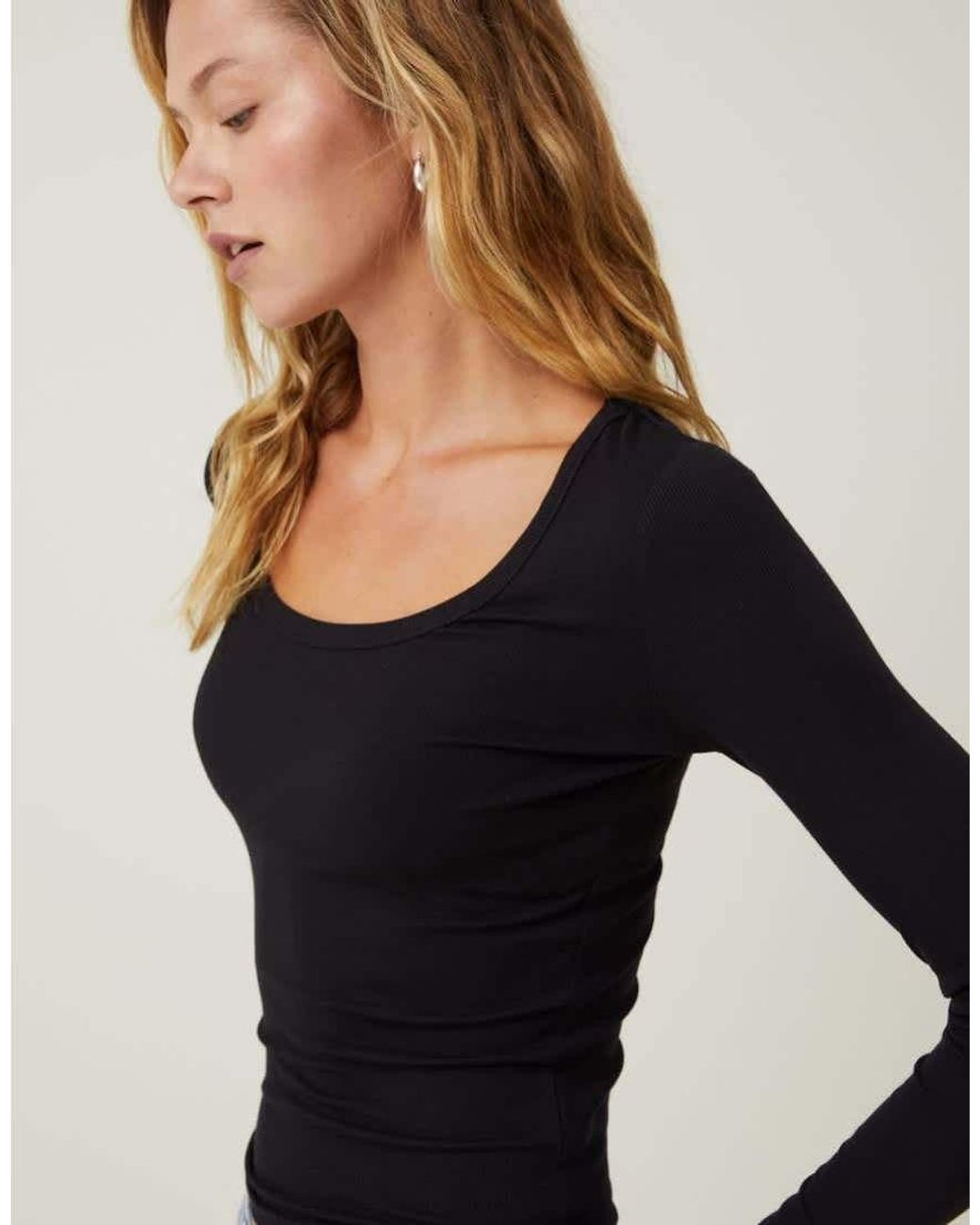 Cotton On Black Rib Scoop Neck Long Sleeve Top
