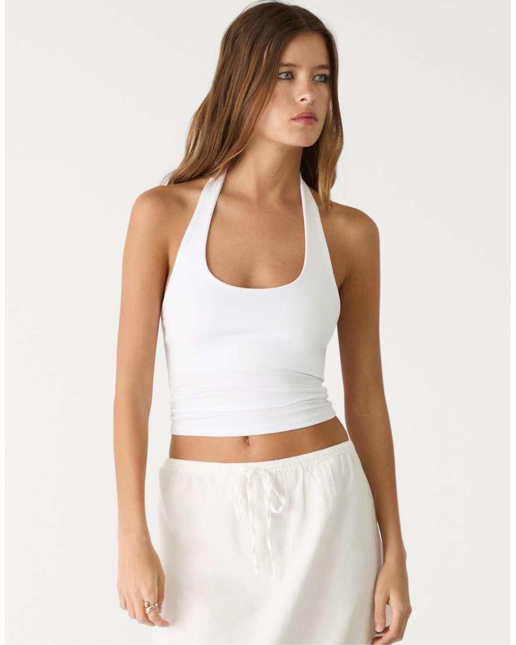 Stradivarius White Racer Neck Top