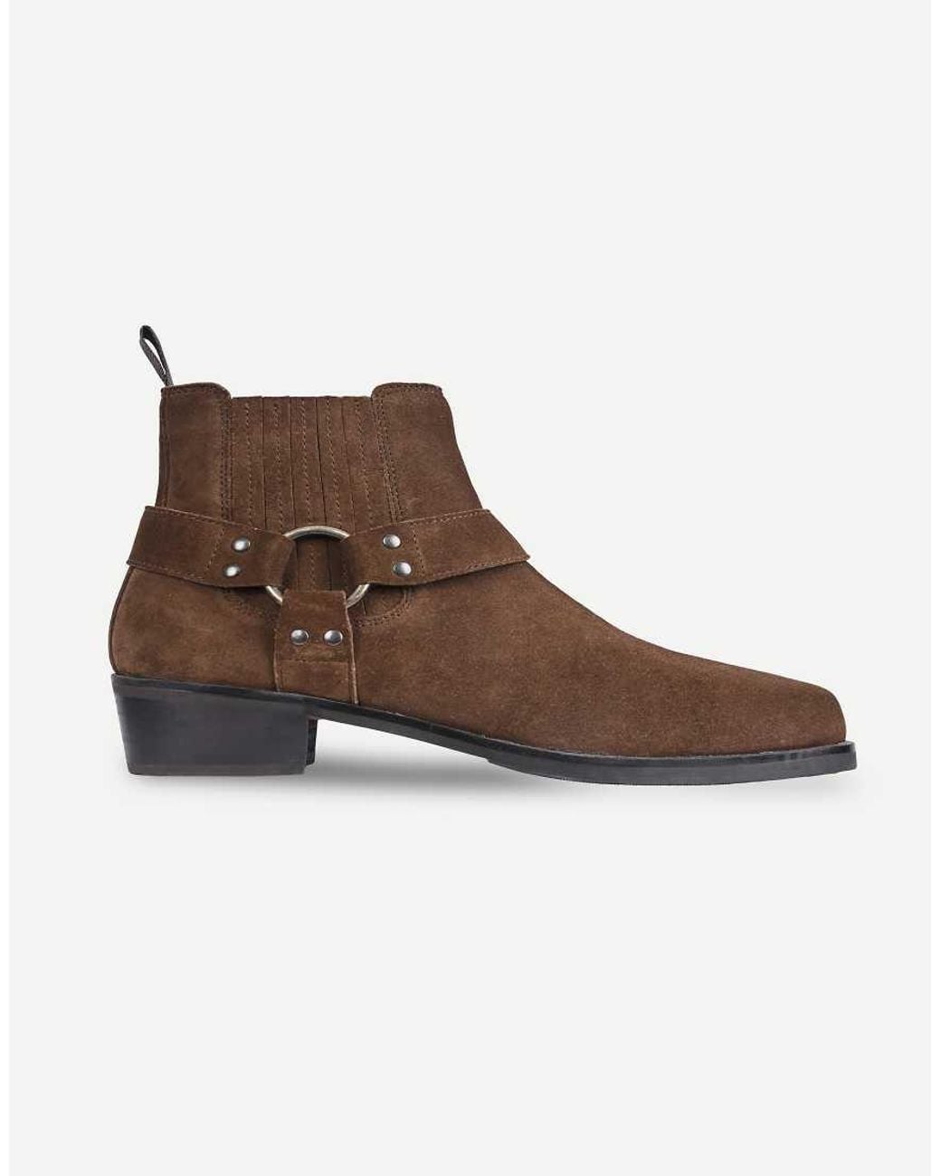 OFF THE HOOK Brown Freeman Suede Western Harness Ankle Boots for men