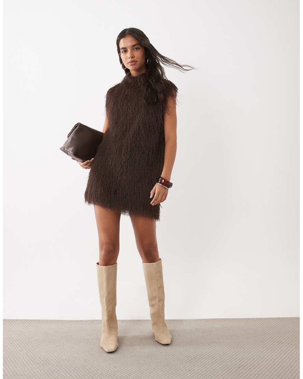 ASOS Brown Fluffy Sleeveless Funnel Mini Dress