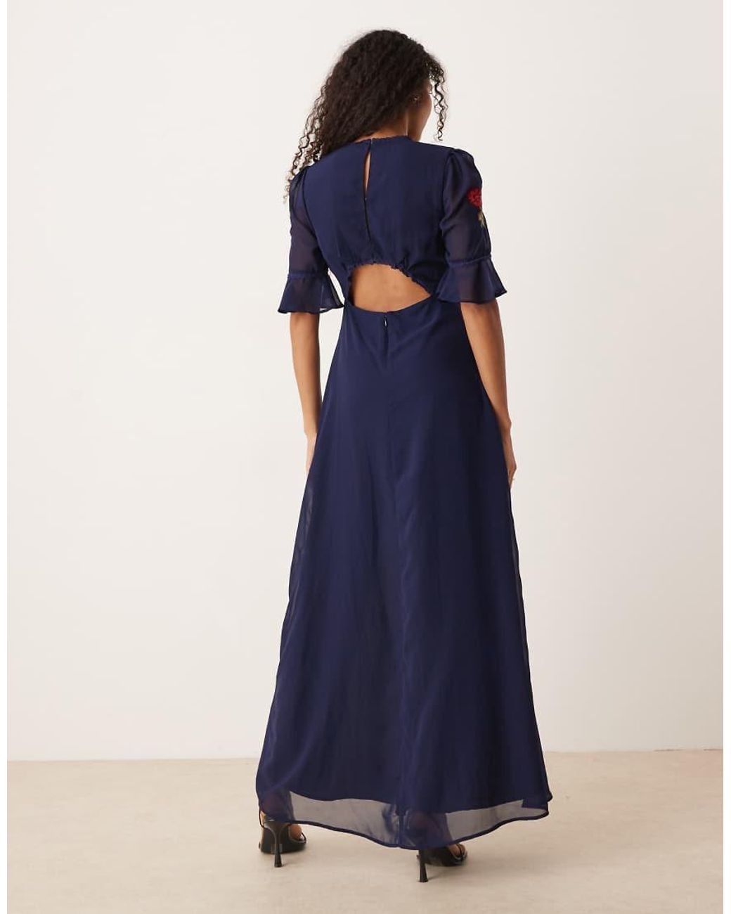 Hope & Ivy Blue Embroidered V-Neck Maxi Dress With Open Back