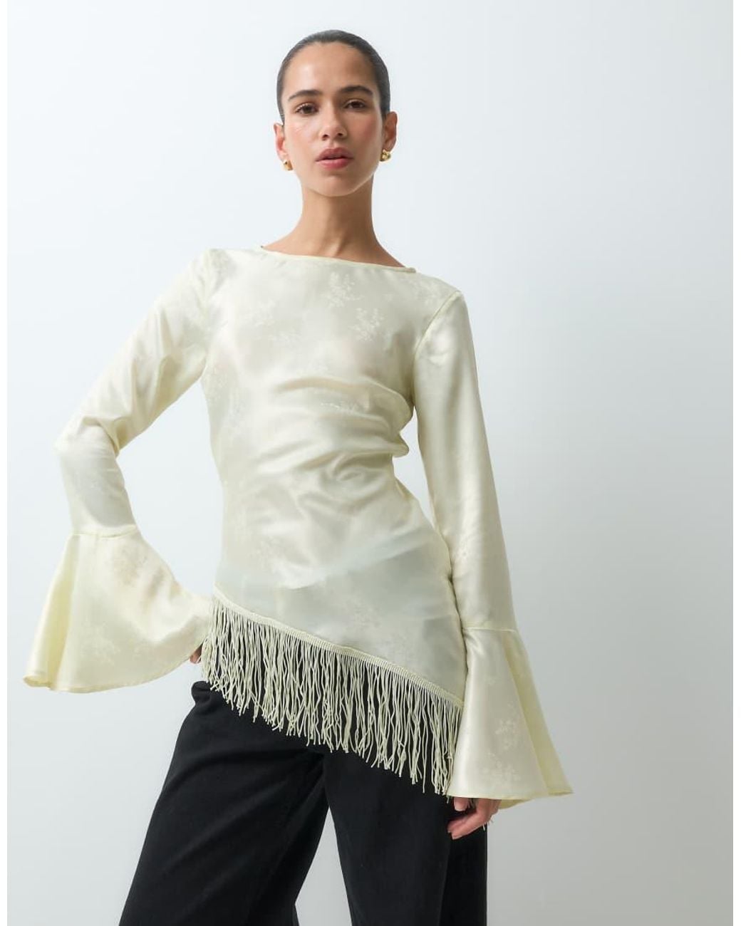 Reclaimed Vintage White Asymmetric Satin Jacquard Blouse With Flare Sleeve