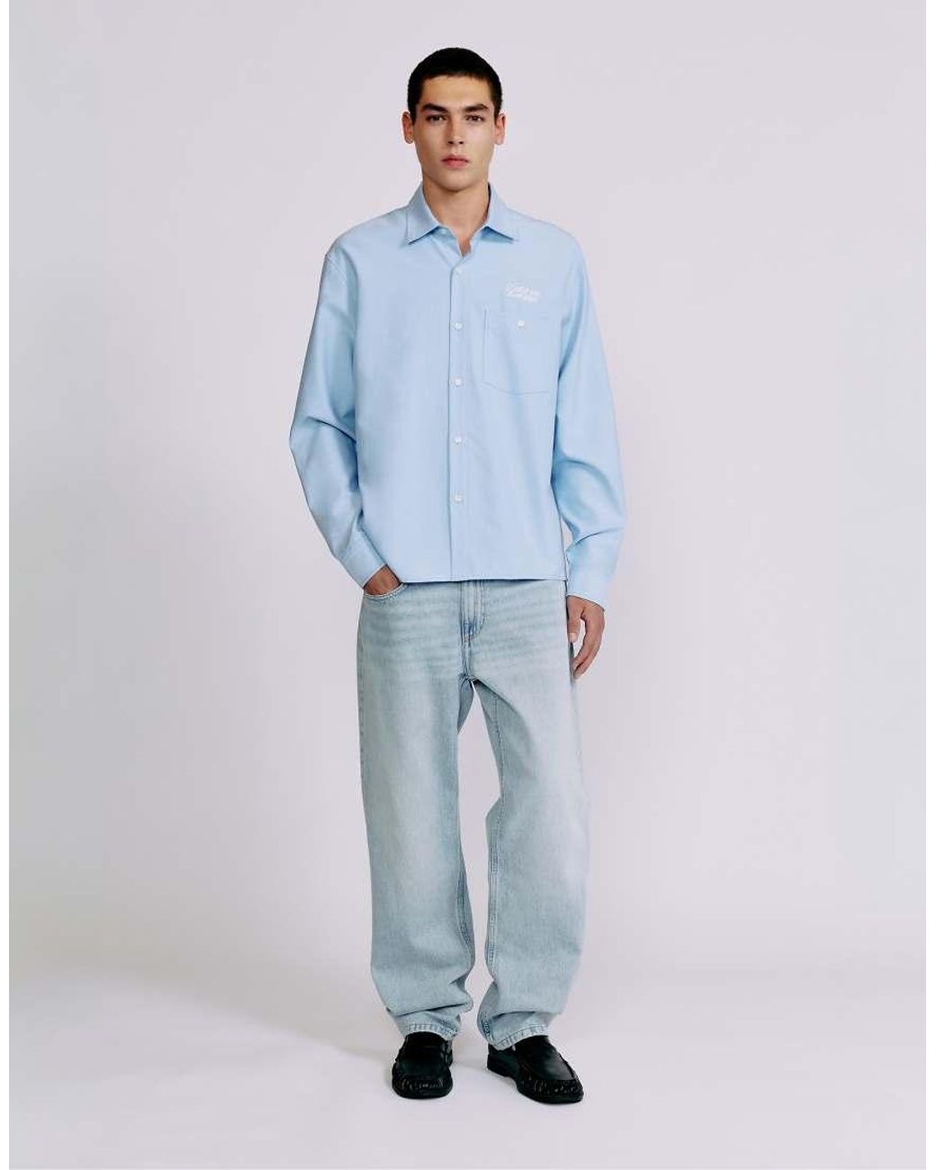 Pull&Bear Blue Embroidered Long Sleeve Shirt for men